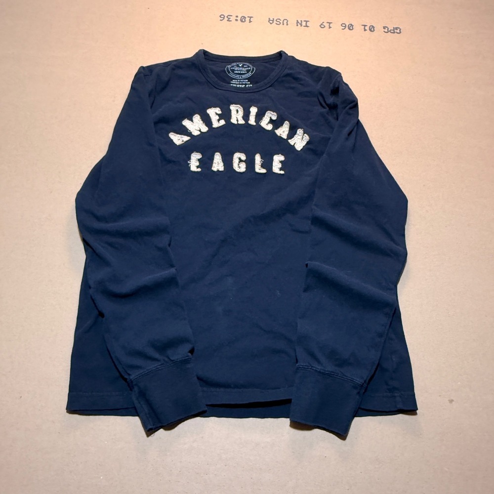 American Eagle Long Sleeve Shirt Large Navy Excellent Athletic Fit Logo